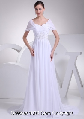 Empire Square Short Sleeves Wedding Dresses with Appliques and Ruching