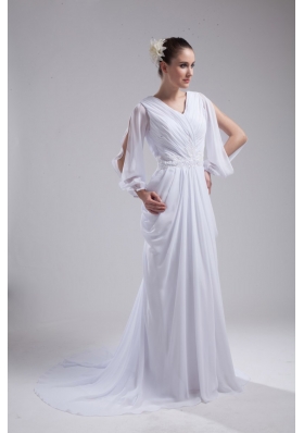 Empire V-neck long Sleeves Chiffon Wedding Dress in Spring