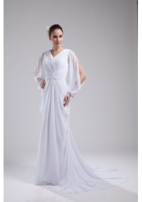 Empire V-neck long Sleeves Chiffon Wedding Dress in Spring