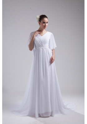 Empire V-neck Short Sleeves Ruching Chiffon Bridal Dresses for Cheap