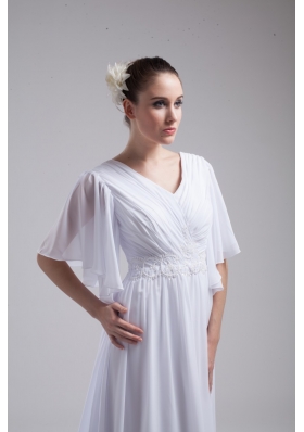 Empire V-neck Short Sleeves Ruching Chiffon Bridal Dresses for Cheap