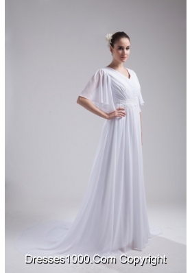 Empire V-neck Short Sleeves Ruching Chiffon Bridal Dresses for Cheap