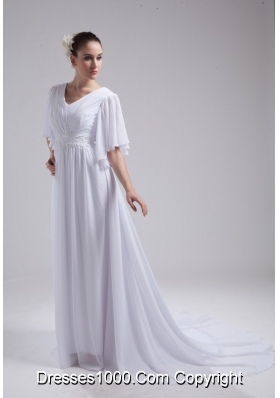 Empire V-neck Short Sleeves Ruching Chiffon Bridal Dresses for Cheap