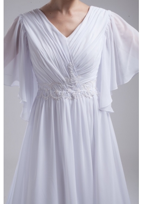 Empire V-neck Short Sleeves Ruching Chiffon Bridal Dresses for Cheap