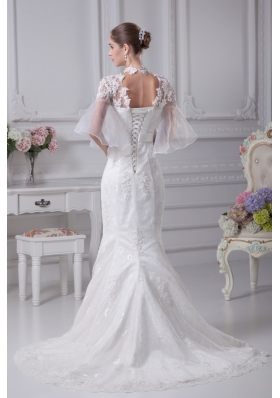 Mermaid High-neck Short Sleeves Wedding Dress with Lace and Sash