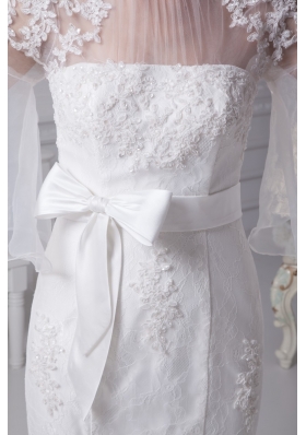 Mermaid High-neck Short Sleeves Wedding Dress with Lace and Sash