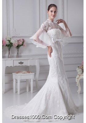 Mermaid High-neck Short Sleeves Wedding Dress with Lace and Sash