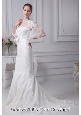 Mermaid High-neck Short Sleeves Wedding Dress with Lace and Sash