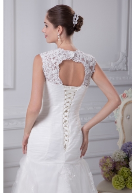 Mermaid Straps Wedding Dress with Ruching and Beading on Lace