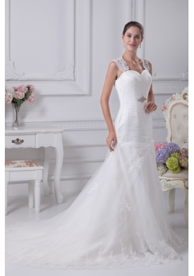 Mermaid Straps Wedding Dress with Ruching and Beading on Lace