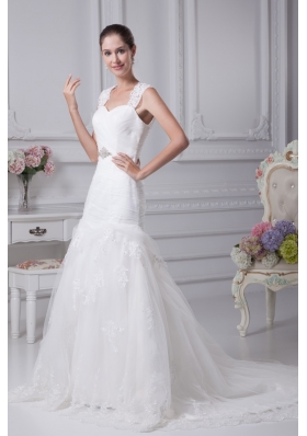 Mermaid Straps Wedding Dress with Ruching and Beading on Lace