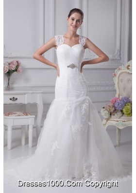 Mermaid Straps Wedding Dress with Ruching and Beading on Lace