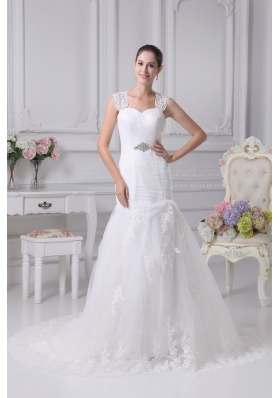 Mermaid Straps Wedding Dress with Ruching and Beading on Lace