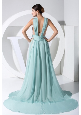 Ruching V-neck Watteau Train Prom Dress with Transparent Waist