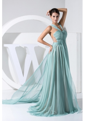 Ruching V-neck Watteau Train Prom Dress with Transparent Waist