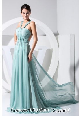 Ruching V-neck Watteau Train Prom Dress with Transparent Waist