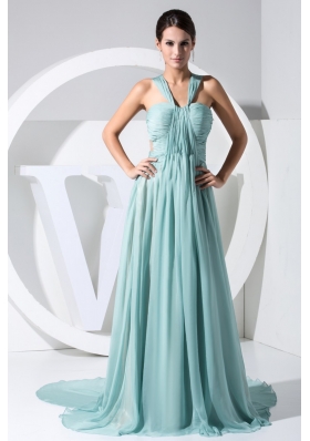 Ruching V-neck Watteau Train Prom Dress with Transparent Waist