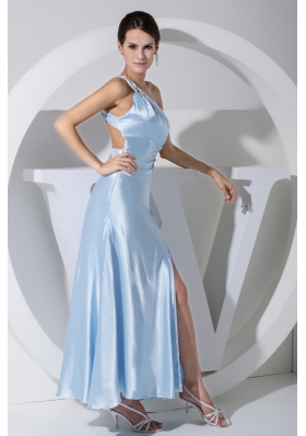 Single Shoulder Back Covered Prom Gown Dress with Cutout Slit and Beadinhs