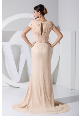 V-neck Cap Sleeves Slit Champagne Prom Dress with Keyhole on the Back