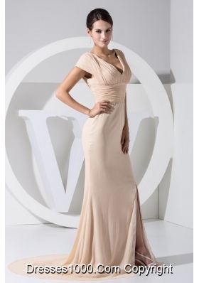 V-neck Cap Sleeves Slit Champagne Prom Dress with Keyhole on the Back