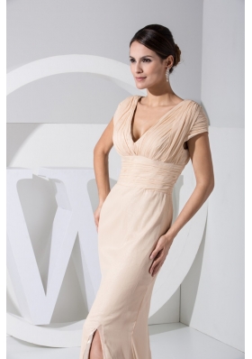 V-neck Cap Sleeves Slit Champagne Prom Dress with Keyhole on the Back