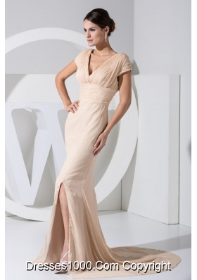 V-neck Cap Sleeves Slit Champagne Prom Dress with Keyhole on the Back