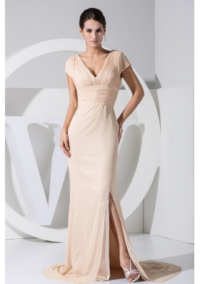 V-neck Cap Sleeves Slit Champagne Prom Dress with Keyhole on the Back