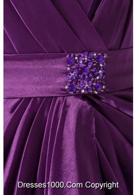 V-neck Mini-length Purple Prom Dresses Decorated with Beaded Sash