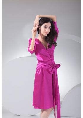 1/2 Puffy Sleeves Surplice V-neck Prom Dress with Removeable Sash