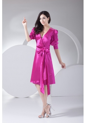 1/2 Puffy Sleeves Surplice V-neck Prom Dress with Removeable Sash