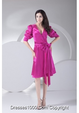 1/2 Puffy Sleeves Surplice V-neck Prom Dress with Removeable Sash