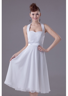 A-line Halter Top Tiers Chiffon Wedding Dresses with Satin Ribbon