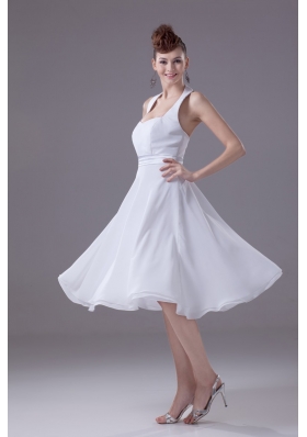 A-line Halter Top Tiers Chiffon Wedding Dresses with Satin Ribbon