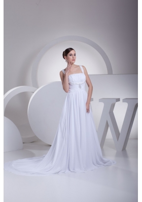 A-line Straps Ruching and Beading Bridal Dress with Chapel Train