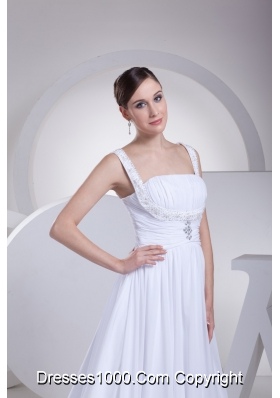 A-line Straps Ruching and Beading Bridal Dress with Chapel Train