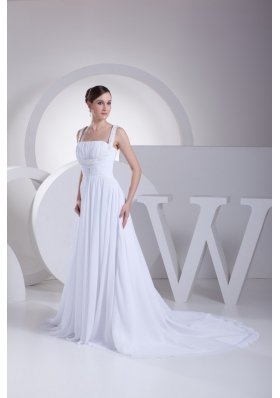 A-line Straps Ruching and Beading Bridal Dress with Chapel Train