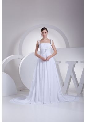 A-line Straps Ruching and Beading Bridal Dress with Chapel Train