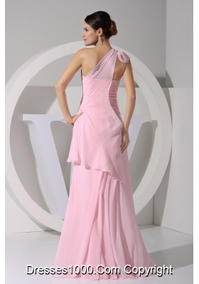 Baby Pink Bowknot One Shoulder Sheath Prom Dresses with Ruffles