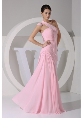 Baby Pink Bowknot One Shoulder Sheath Prom Dresses with Ruffles