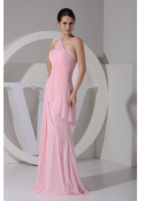 Baby Pink Bowknot One Shoulder Sheath Prom Dresses with Ruffles