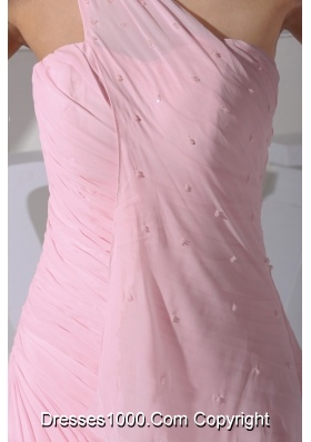 Baby Pink Bowknot One Shoulder Sheath Prom Dresses with Ruffles