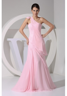 Baby Pink Bowknot One Shoulder Sheath Prom Dresses with Ruffles