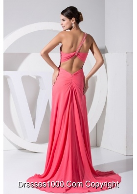 Beaded Singgle Shoulder Back Covered Prom Gowns with Slit on The Side