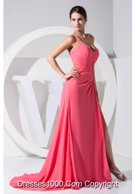 Beaded Singgle Shoulder Back Covered Prom Gowns with Slit on The Side