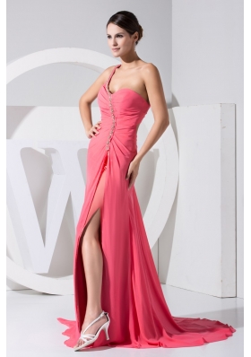 Beaded Singgle Shoulder Back Covered Prom Gowns with Slit on The Side