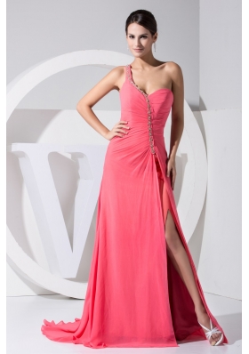Beaded Singgle Shoulder Back Covered Prom Gowns with Slit on The Side