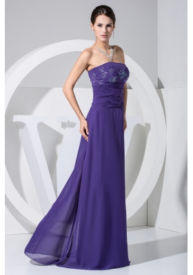 Beading and Ruching Strapless Floor-length Prom Gown in Purple