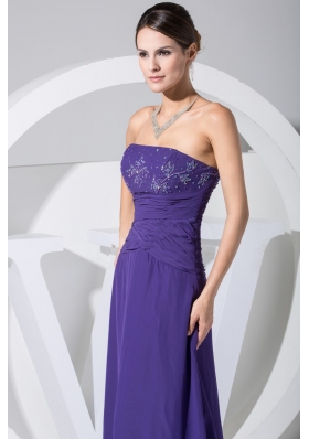 Beading and Ruching Strapless Floor-length Prom Gown in Purple