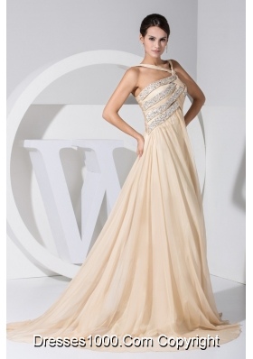 Beaings Decorated Sweep Train Prom Gown Dress with Asymmetrical Neckline