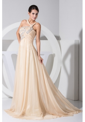 Beaings Decorated Sweep Train Prom Gown Dress with Asymmetrical Neckline